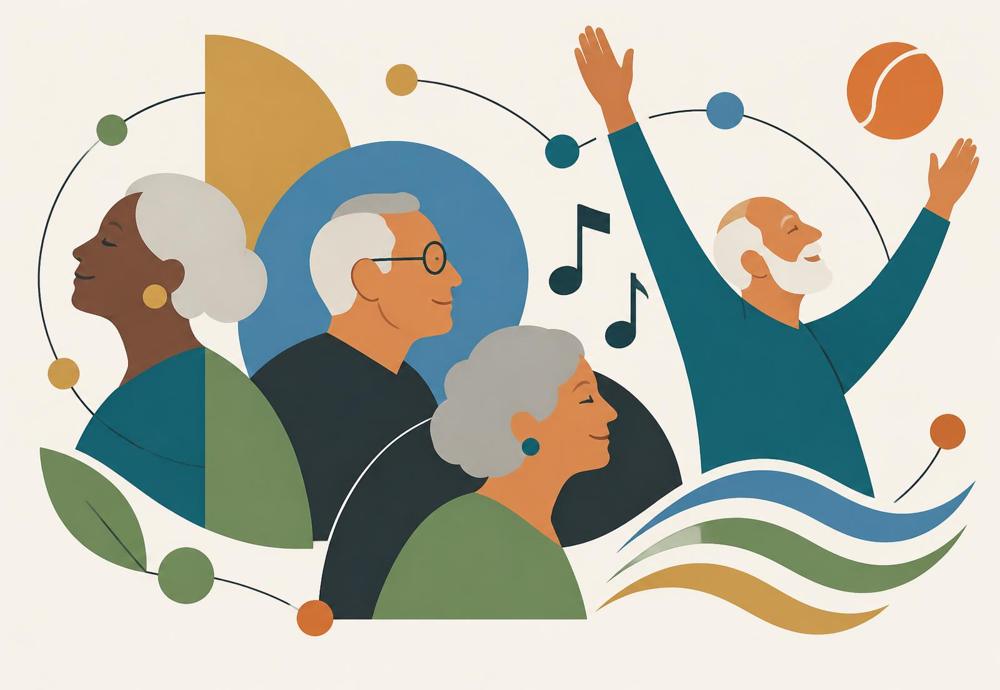Ilustracija starejših, ki ob glasbi skupaj telovadijo